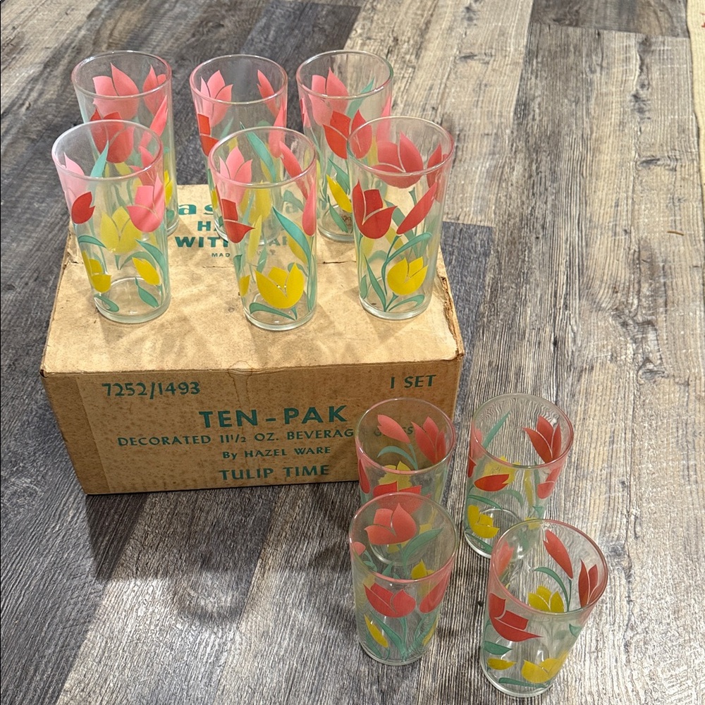 Hazel Ware Vintage Tulip Time Glass Set - Pink Yellow, Green Floral Design- 10